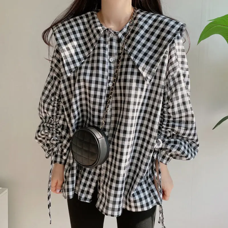 BiggOrange Корейская нишевая ретро черно-белая клетчатая рубашка с большими