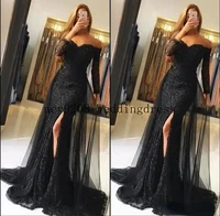black lace prom dresses 2022 off shoulder long sleeves mermaid evening gowns sexy side split party dress custom made
