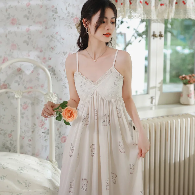 

Summer Vintage Print Ice Silk Night Dress Women Sexy V Neck Satin Nightdress Fairy Sleeveless Nightgown Long Princess Sleepwear