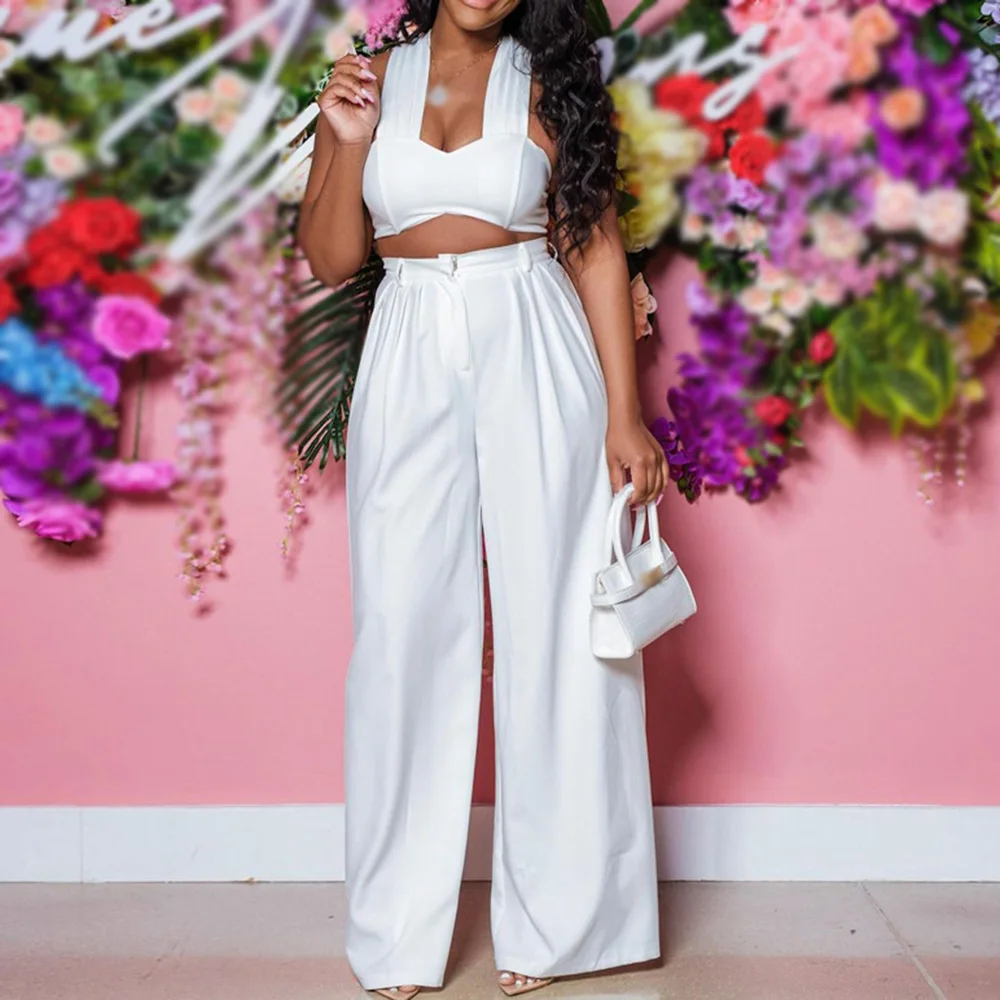 

2022 Casual Vintage Sexy Spring Autumn New Fashion Western Plain Vest Pants Straight Sleeveless High Waist Woman Two Piece Sets