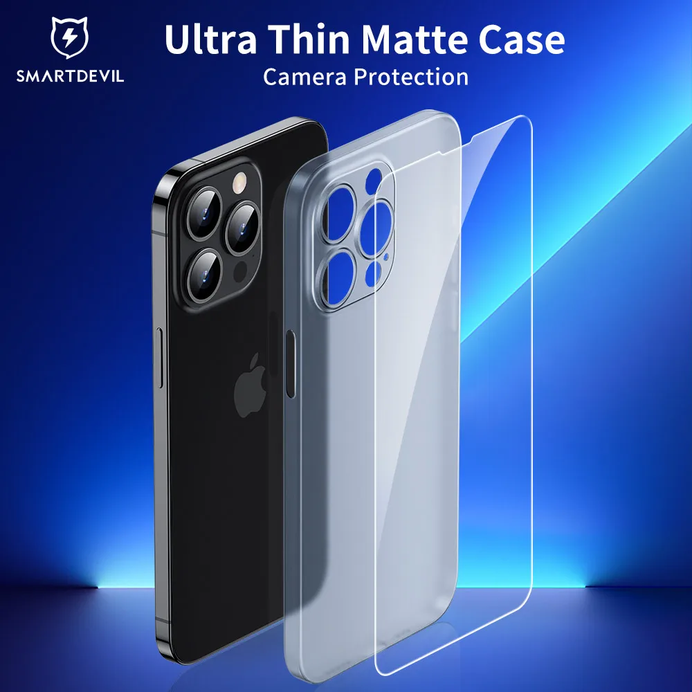 SmartDevil Ultra Thin Matte Phone Case for iPhone 14 13 12 11 Pro Max Temper Glass Screen Protector Translucent Hard Back Cover