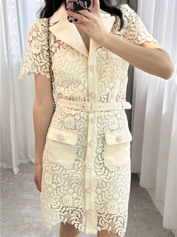 Elegant 2023 A-Line Lace Short Sleeve Solid Dress Woman Boho Mesh Vintage Dresses Women Embroidery Summer Sexy Party Vestido