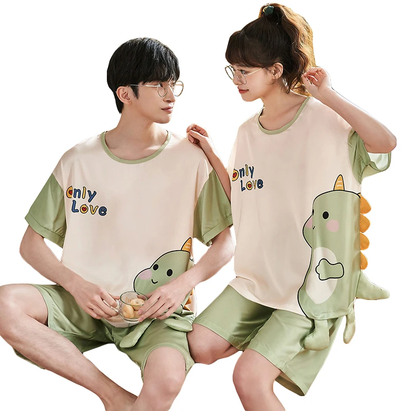 2PCS Summer Pajama Sets For Women Men Couple Sleepwear Cotton Korean Pyjama Cartoon Dinosaur Pattern Pijama Mujer Casual Clothes