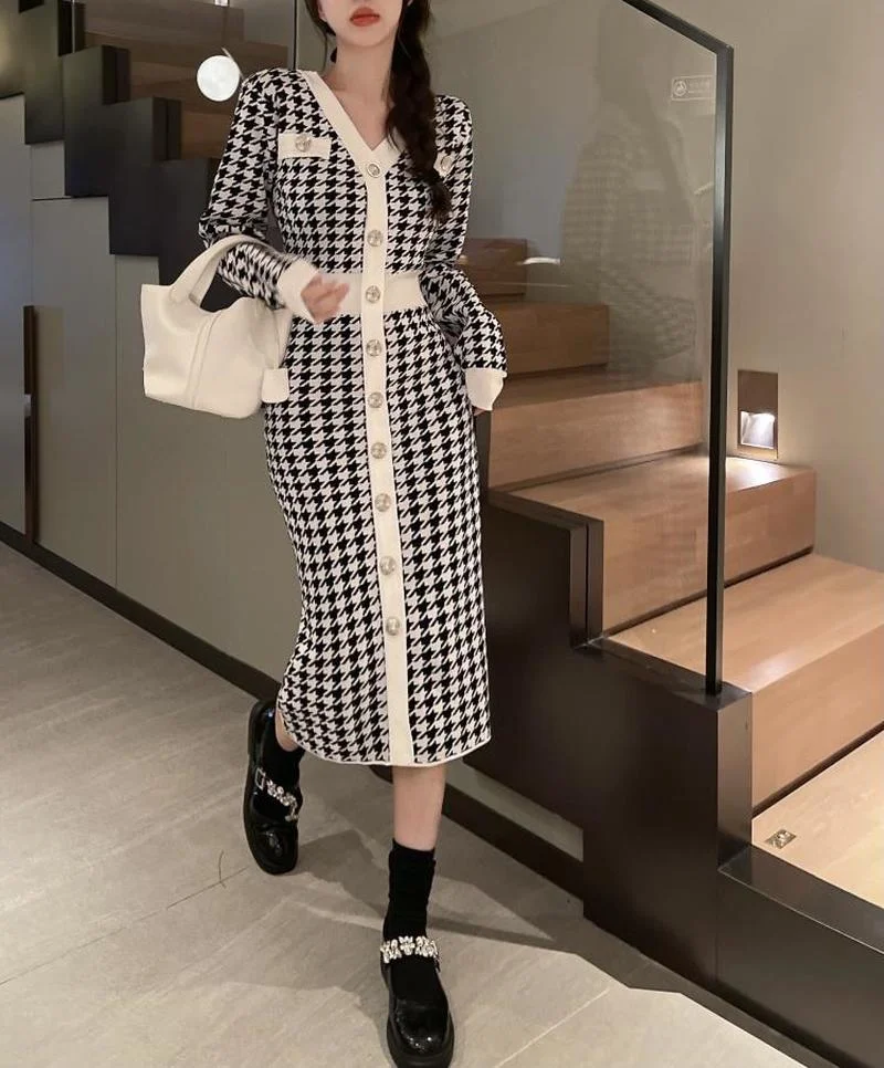 

Sexy Retro Temperament Autumn Slim V Neck Long Sleeve Houndstooth Dress Women Wrap Hip Knitting Vestidos Mujer Fashion