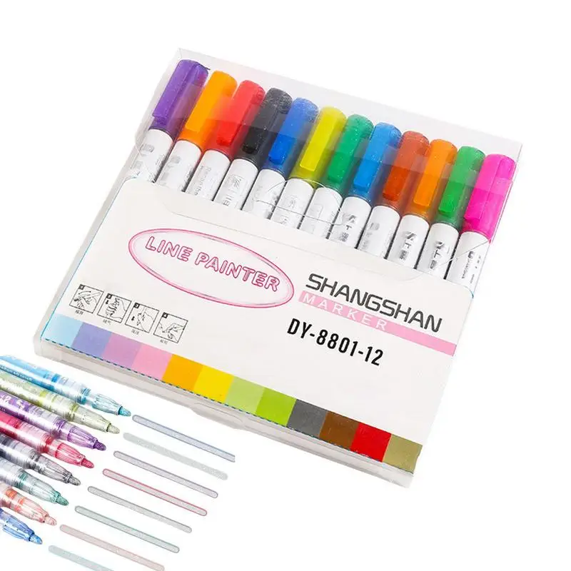 

Double Line Markers 12 Colors Shimmer Doodle Double Line Metallic Pens DIY Silver Paint Pens With Color Outline Highlighter Pen