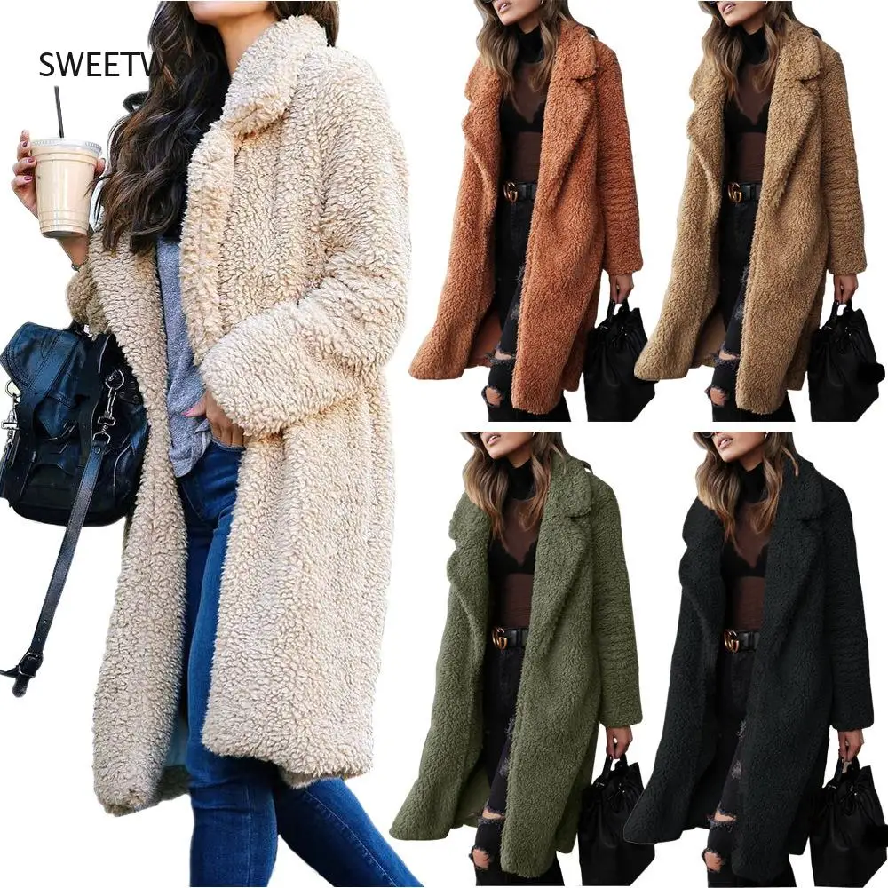 Autumn Winter Women Beige Teddy Faux Fur Coat Thick Fleece Warm Casual Girl Pockets Solid Long Sleeve Open Stitch Ladies Coats