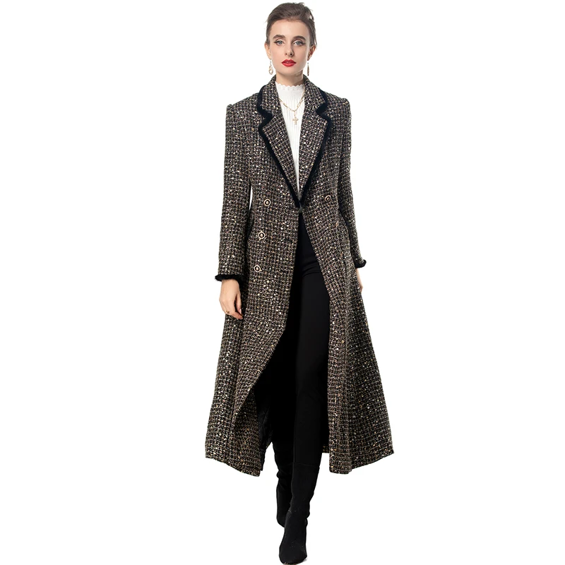 DLDENGHAN двубортное твидовое пальто в клетку с блестками для женщин отложным