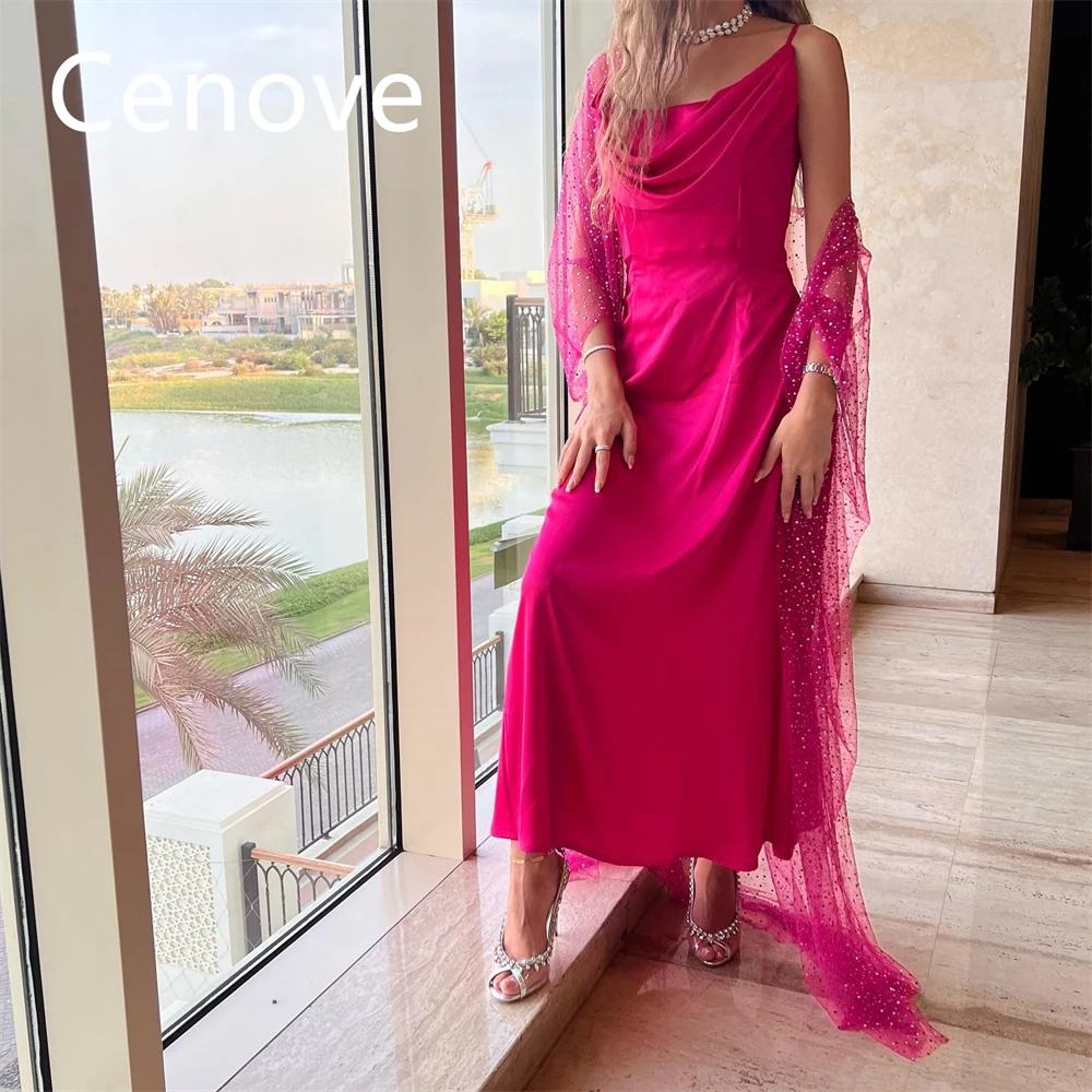 

Cenove Fuchsia Cowl Neck Prom Dress Ankle-Length And Long Sleeves With Lace Shawl Evening Summer Party Dress For Women2023