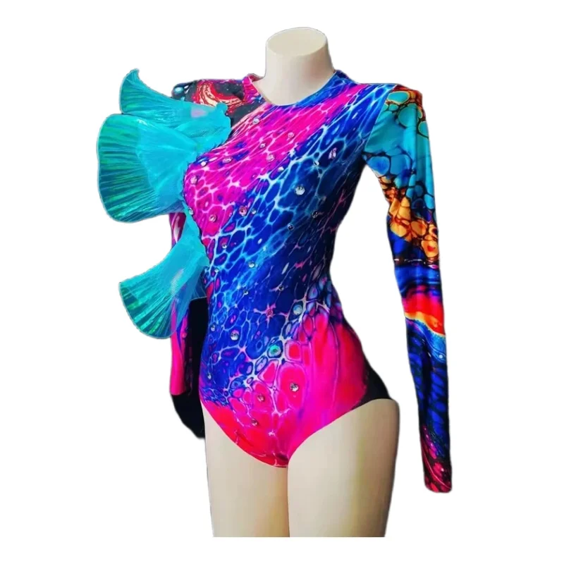 Боди с мигающими стразами и принтом DJ Singer костюм для латинских танцев на пилоне