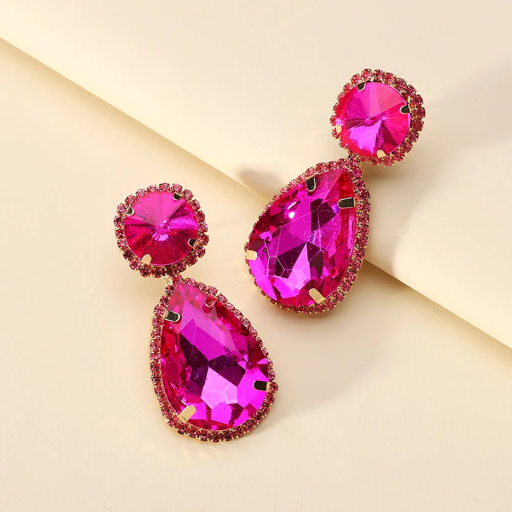 

Luxury Shiny Crystals Water Drop Glass Dangle Earrings For Women Fuchsia Pendientes Wedding Aetes Pendant Jewelry