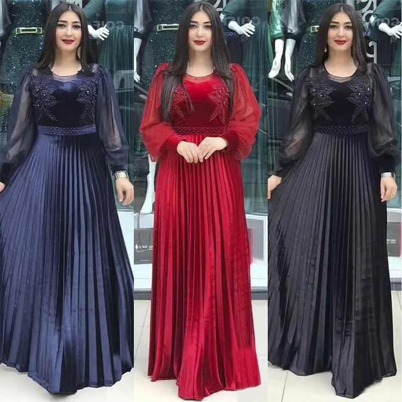 Fashion African Muslim Women Long Dress Bead Embroidery Noble Luxury Retro Evening Dress Arab Islamic Party Show Long Dress