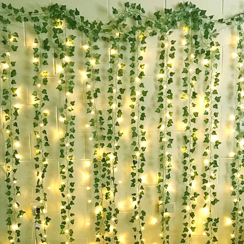 

2.3m Silk Leaves Fake Creeper Green Leaf Ivy Vine 2m LED String Lights For Home Wedding Party Hanging Garland Artificial Flower