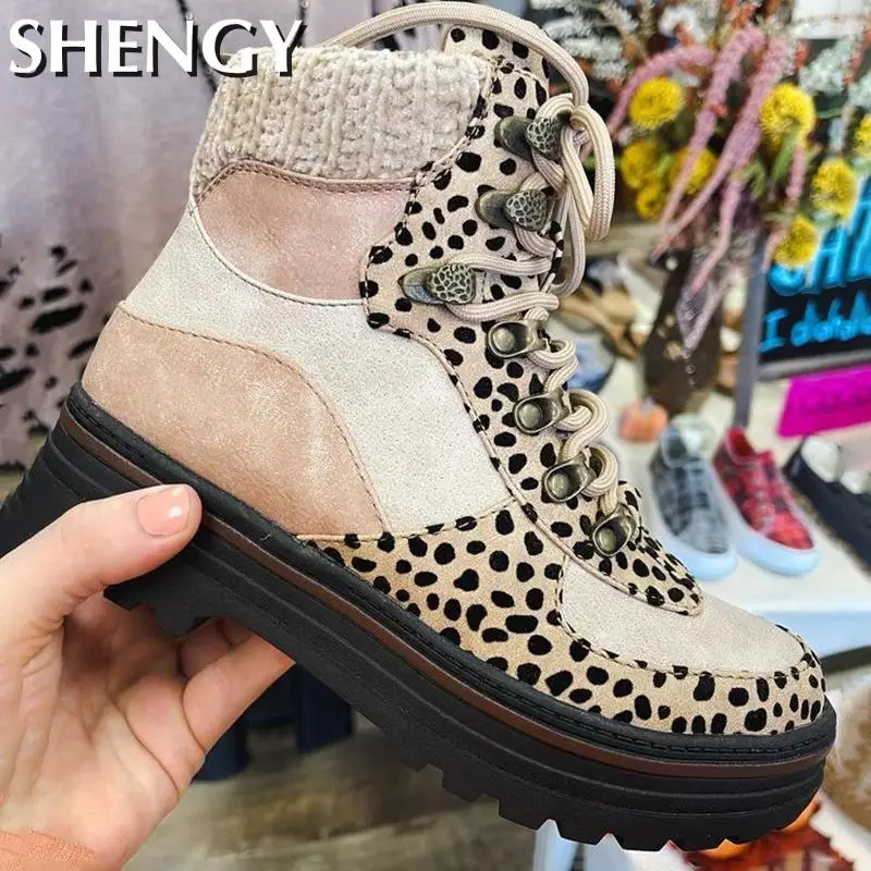 

Ботинки женские с леопардовым принтом, высокие теплые ботинки на шнуровке, круглый носок, толстая подошва, удобная Уличная обувь, Ретро стил...