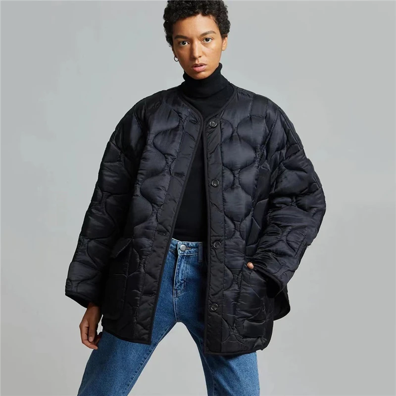 High quality winter new round neck rhombus stitching parka cotton clothes women's fashion high street loose casual cottonclothes