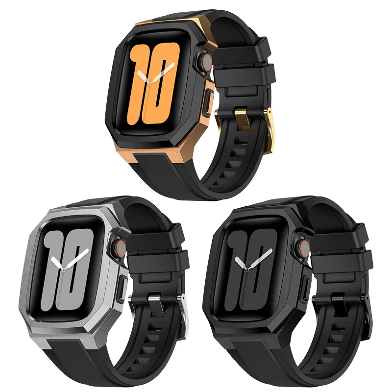 Strap Modification Kit for Apple Watch 8 7 45mm Stainless Steel Case for iWatch Series 6 SE 5 4 44mm Fluorine Rubber Band Set