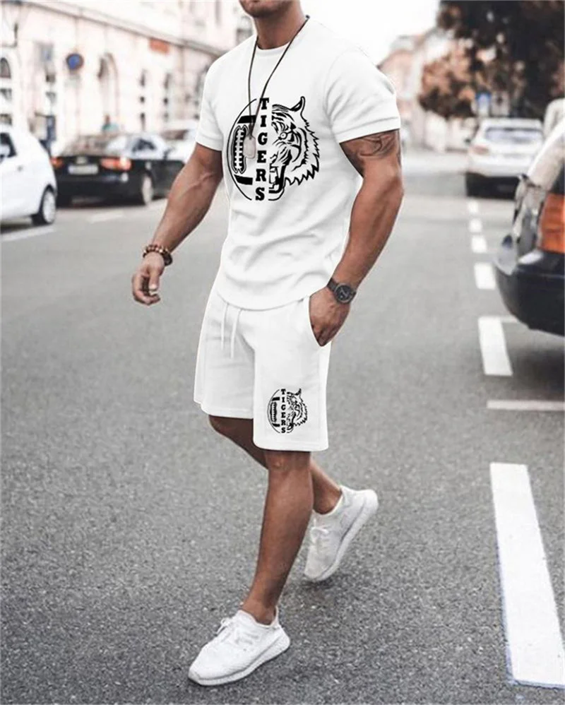 New Summer Fashion Men's 2 Piece Set Tracksuits Casual Short Sleeves Maple Leaf 3D Print T-shirt+shorts Pants Suits Male Clothes images - 6