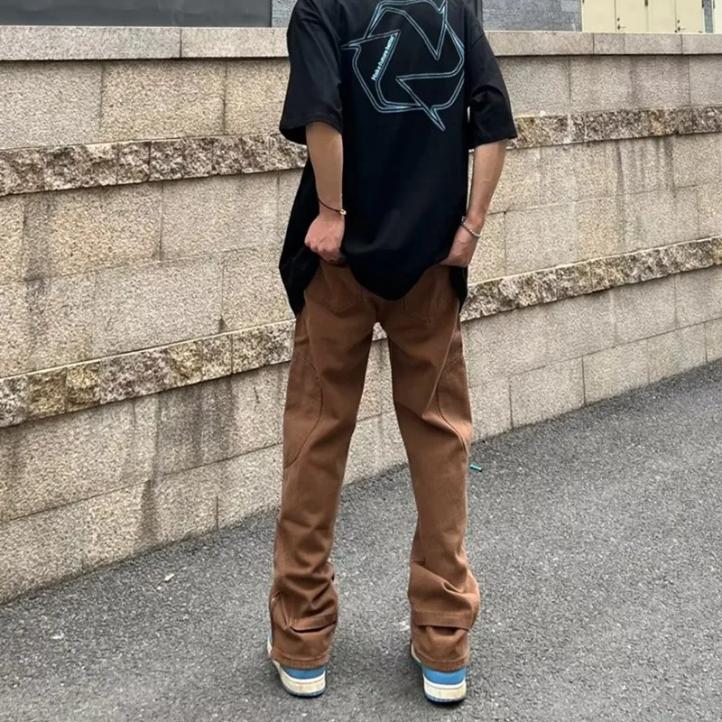 New Fashion Letter Embroidery Vintage Brown Men Cargo Jeans Pants Ankle Zipper Hip Hop Baggy Straight Denim Trousers Pantalones