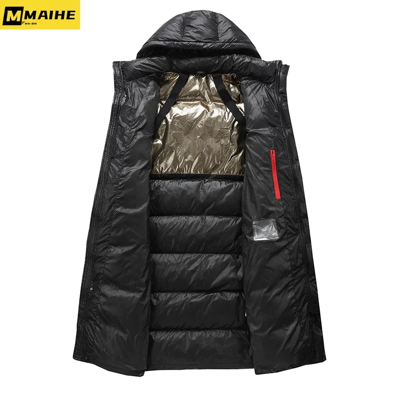 Пуховик зимний мужской средней длины с капюшоном и утолщенной подкладкой