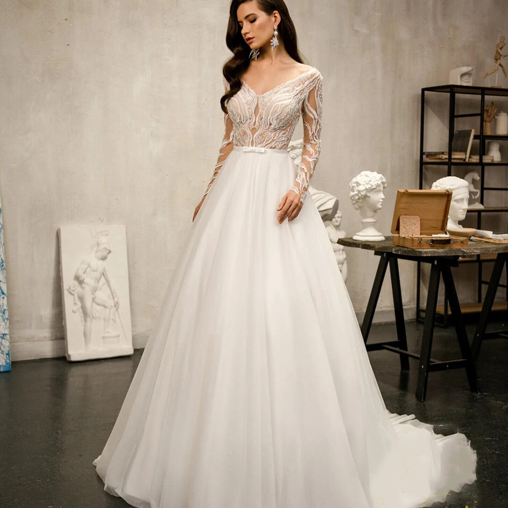 

Exquisite Wedding Dresses Backless V-Neck Full Sleeves Bride Gowns A-Line Sweep Train Lace Applique Tulle Vestidos De Noiva