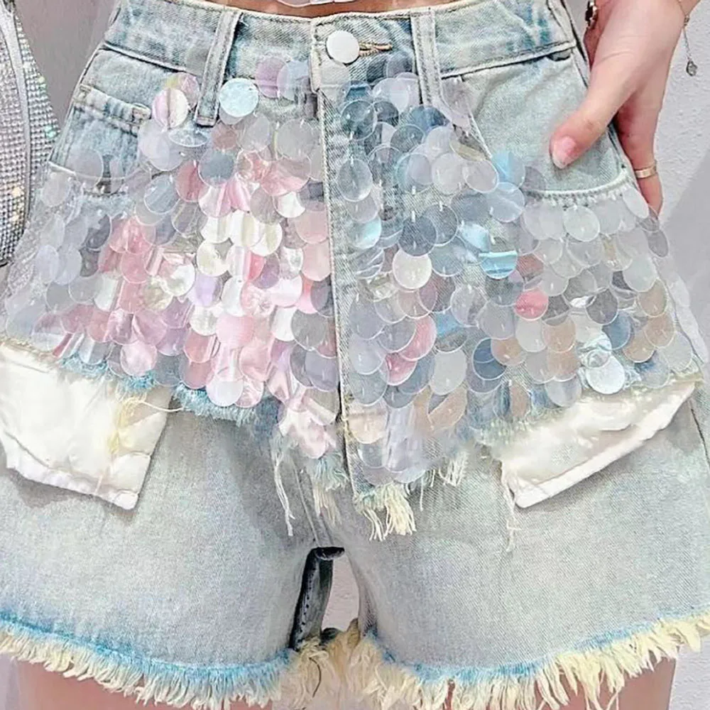 Design Sense Heavy Embroidery Sequins Raw Edge Denim Shorts For Women 2023 Summer New Loose High Waist Slimming A-line Hot Pants