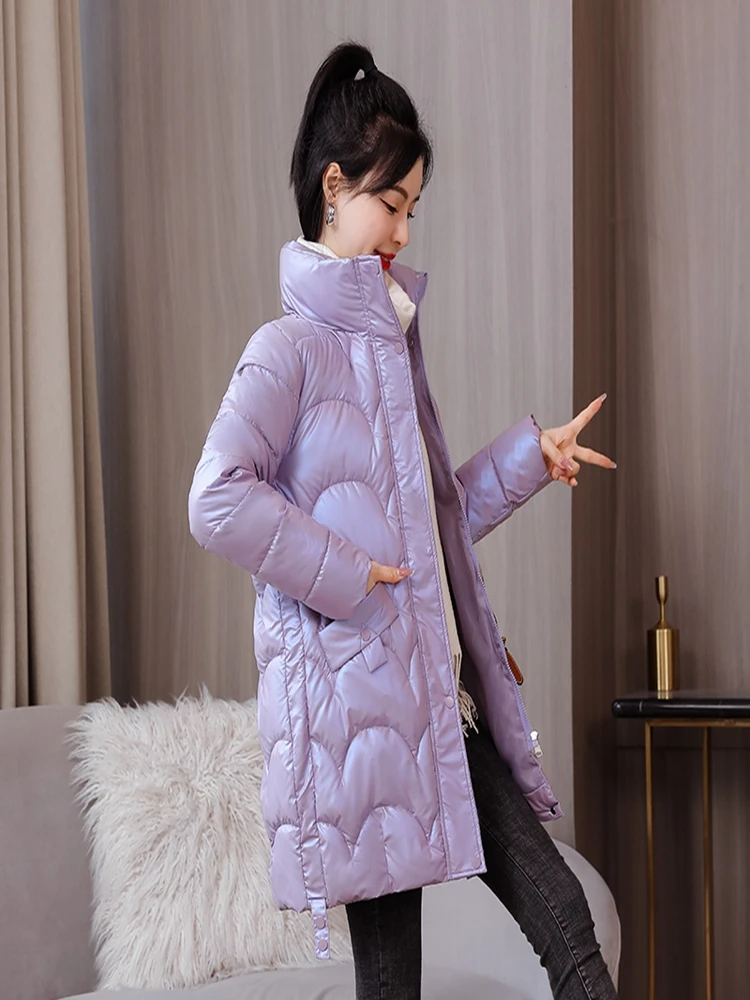 Parka Women 2023 New Winter Jacket Glossy Long Coat Cotton Padded Casual Parkas Jackets Thick Warm Female Overcoat Outwear