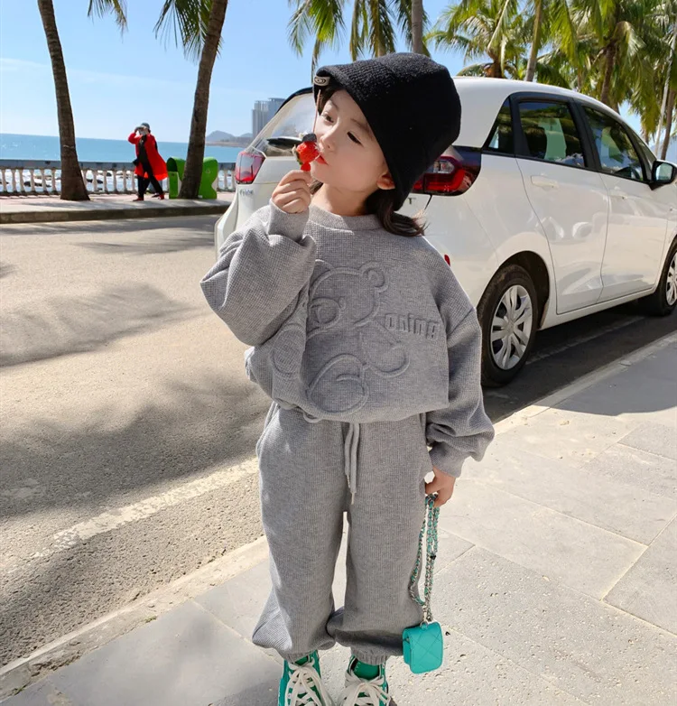 

Autumn Winter Suit Girls' Wear Waffle Long Sleeve Sweater Casual Pants Sets Children's Long Sleeved Trousers Two Piece Set