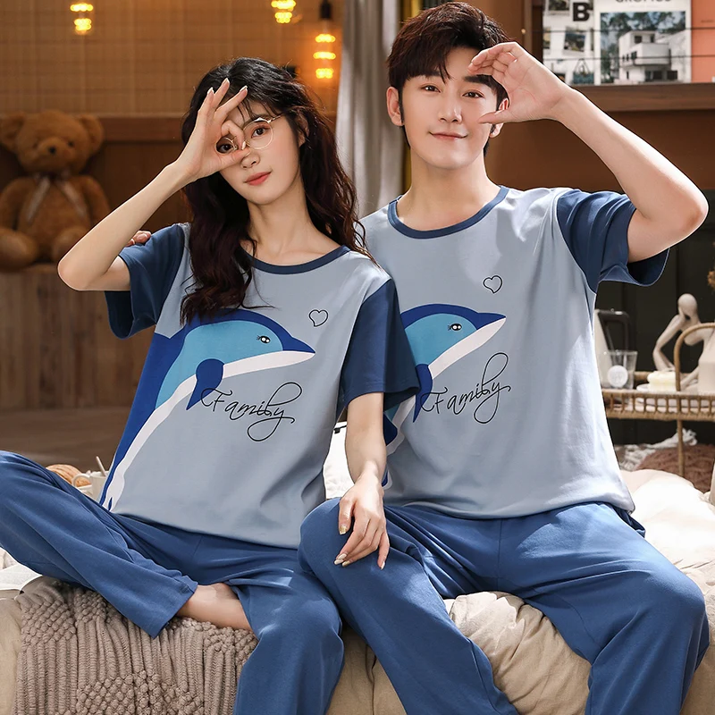 New Sleepwear Couple Men and Women Matching Home Suits Cotton Pjs Cartoon Prints Leisure Nightwear Plus Size Pajamas for Summer images - 6
