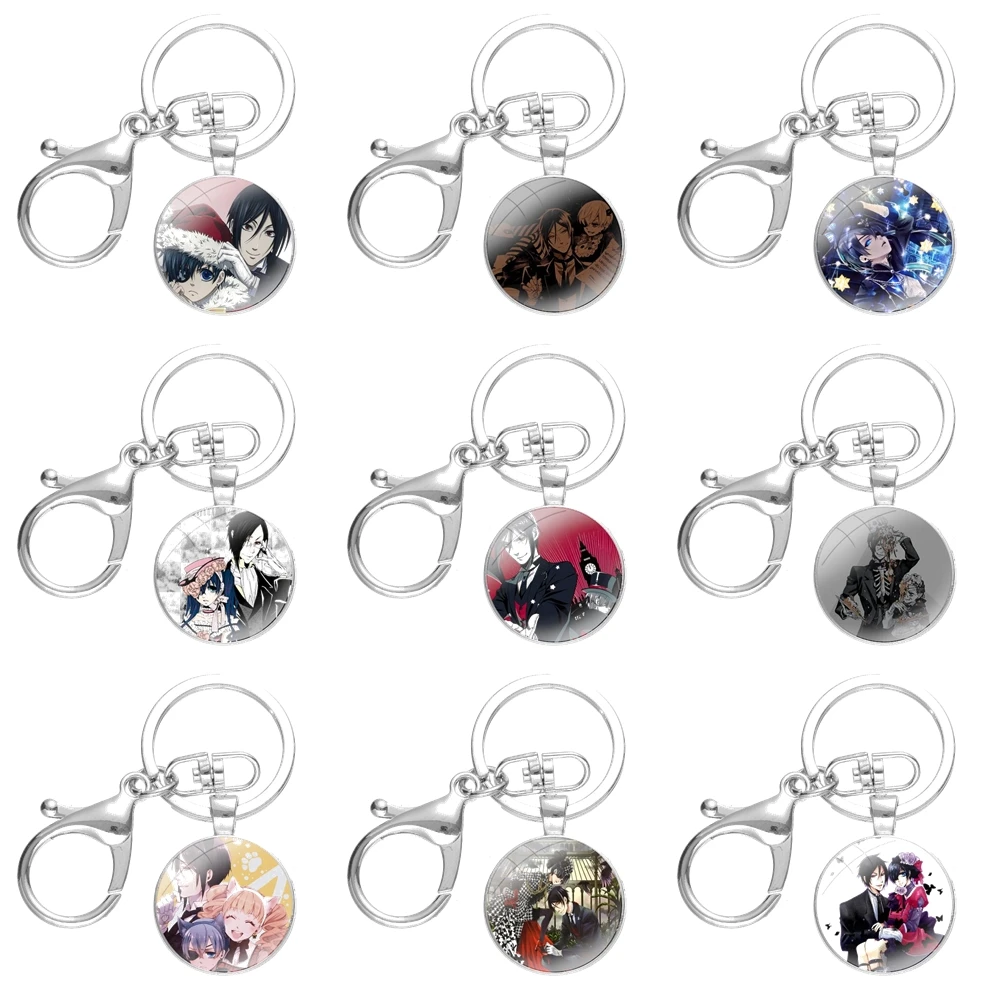 

Japanese Anime Black Butler Kuroshitsuji Keychain Handmade Glass Cabochon Key Ring Holder Pendant Key Chains