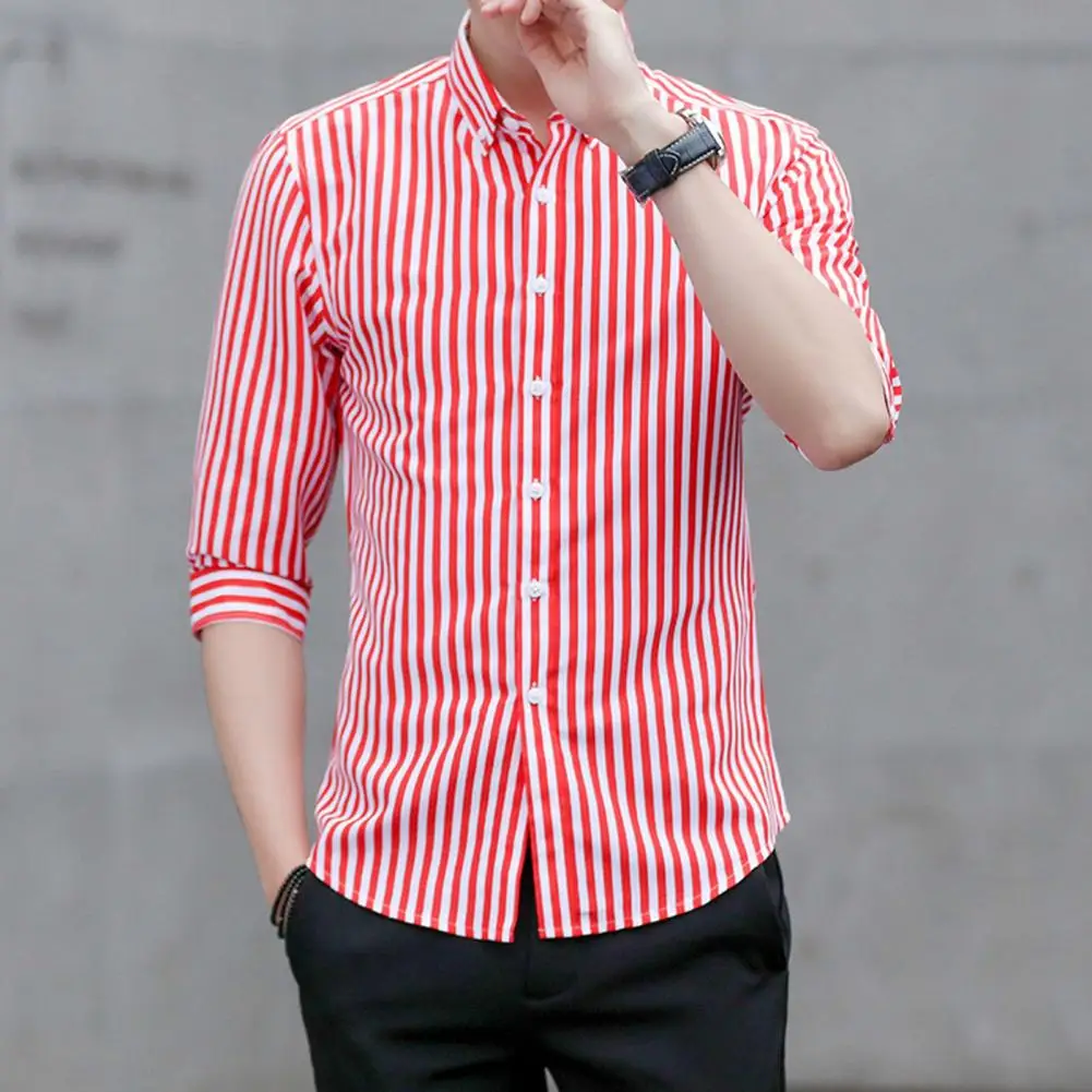

Popular Casual Shirt Colorfast Men Shirt Turn-down Collar Workwear Men Simple Casual Striped Summer Shirt