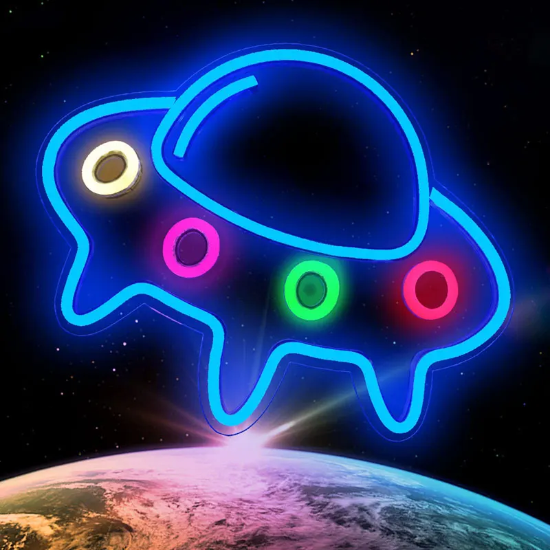 Неоновый светильник Alien знак космический корабль форма планеты игра ночник лампа