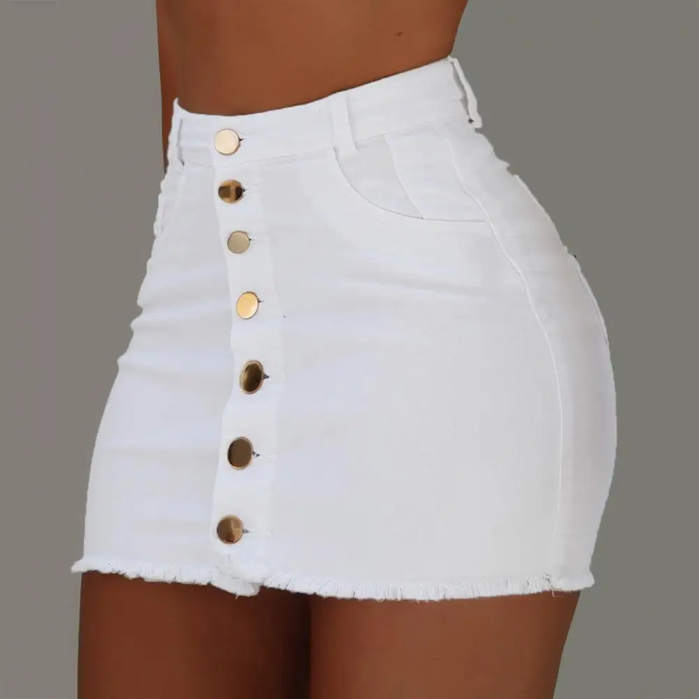 

Sexy Skirt for Woman Spring Summer 2023 Plain Button Fly-Raw Hem Mini Skinny Female Denim Skirt