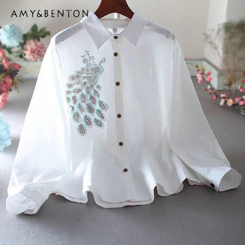 

Spring and Autumn Pure Cotton Long Sleeves Ethnic Style Shirt Women's Rhinestone Casual Loose Slimming Western Temperament Top