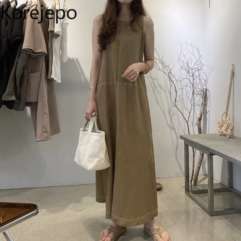 

Korejepo Retro Vest Dress Women Spring Summer 2022 New Clothes Round Neck Loose Double Pocket Loose Versatile Casual Dresses