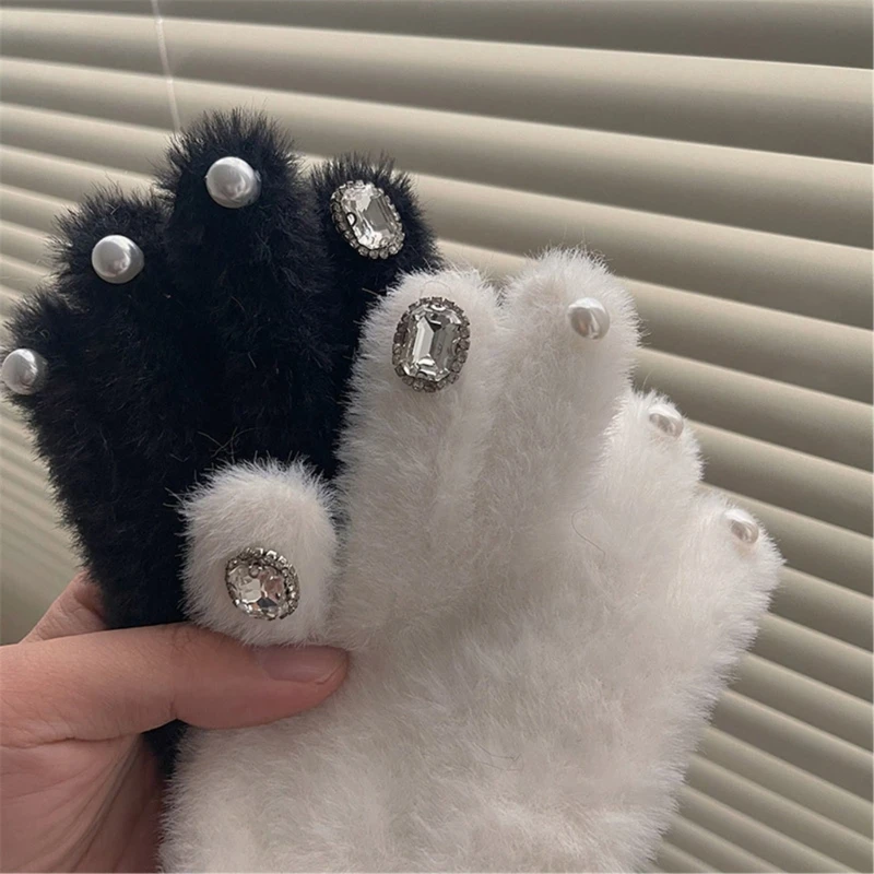 

Winter Knitted Gloves Stretchy Knit Full Finger Gloves Rhinestones Decor