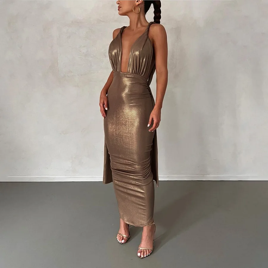 

Женское облегающее платье без рукавов из искусственной кожи с металлическим блеском