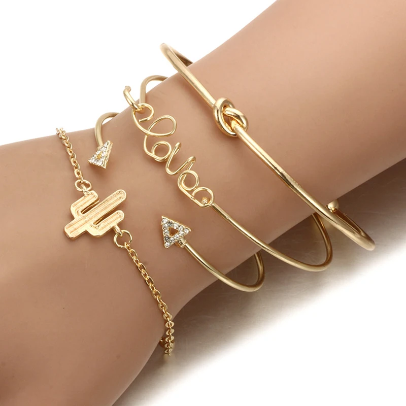

4Pcs Simple Gold Women Bracelet Set Personality Letter "Love" Cactus Knotted Triangle Diamond Geometric Bracelets New Trend