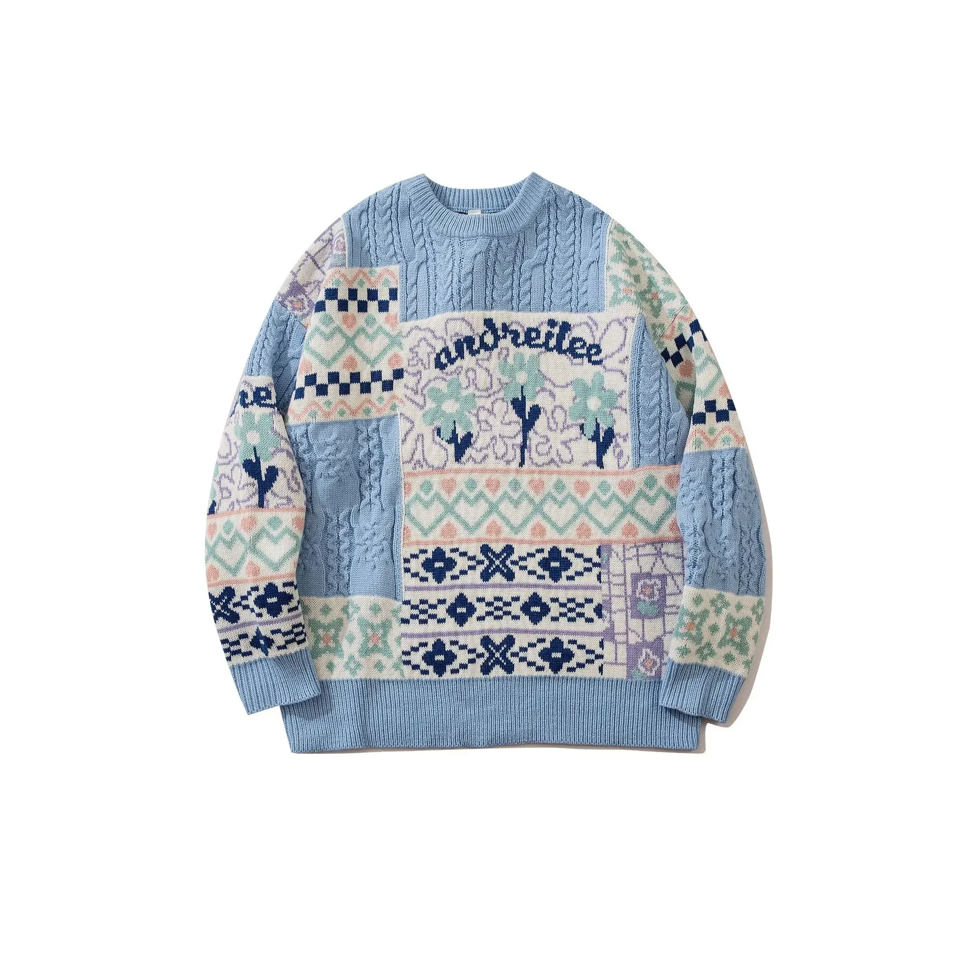 Винтажный жаккардовый вязаный топ с круглым вырезом в этническом стиле мужская