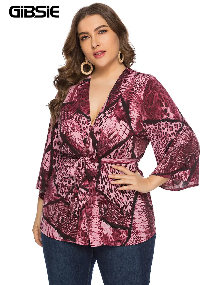 

GIBSIE Plus Size Deep V Neck Snake Print Belted Tops Women Spring and Autumn Casual Fashion 3/4 Sleeve Female Blouses 5xl 6xl