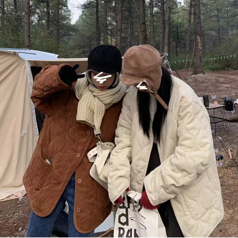 

Womens Brown Down Jacket Winter Thickening Warm Corduroy Korean Fashion Y2K Female 2023 Beige Down Cotton Coat Oversized Outwear