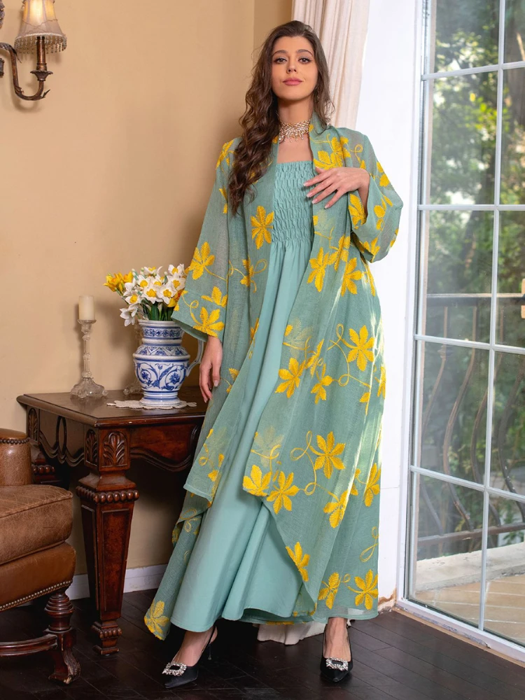 Abaya New 2023 Embroidery Chic And Elegant Woman Dress Mesh Cardigan Belted Kaftan And Solid Gray Camisole Dress Muslim Sets