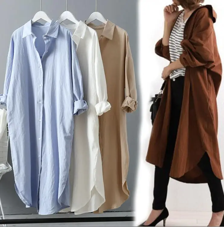 

Spring Autumn Women Length Shirt Cotton Hemp Loose Tops Midi Robe Sun Protection Outwear