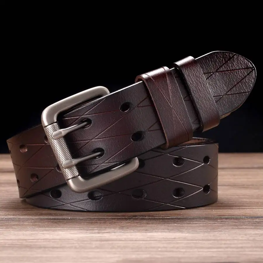 Cowhide Strape Leather Belts for Men Fancy Vintage Jeans Double Pin Buckle Waistband Width:3.8cm Length:110-130cm