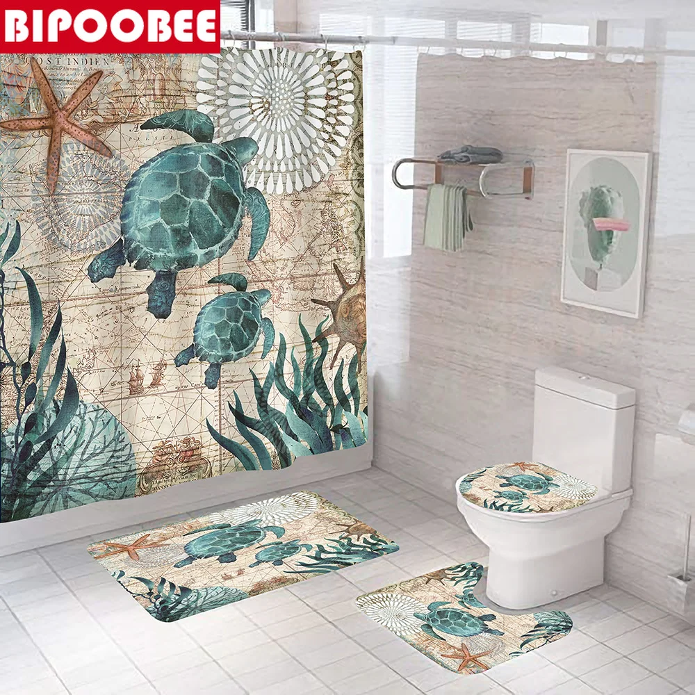 

Sea Turtle Shower Curtain Vintage Bathroom Curtains Ocean Aquatic Creatures Pedestal Rug Lid Toilet Cover Non-slip Bath Mat