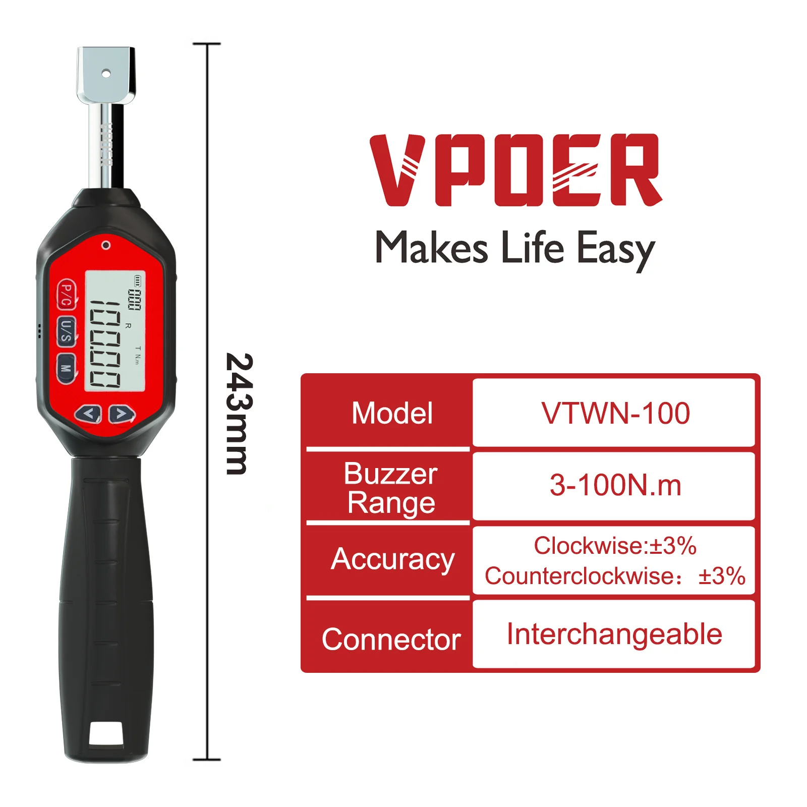 

Цифровой динамометрический ключ VPOER VTWN-100 3-100 Нм