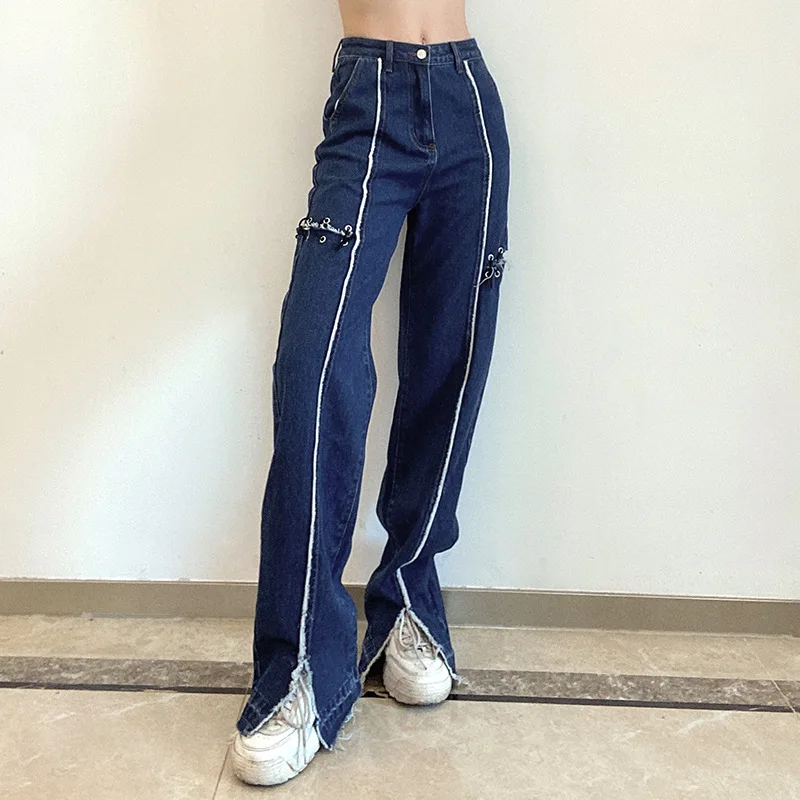 

Women Casual Front Split Wide Leg Denim Pants 2023 High Waist Pant Fashion Jeans Handsome Streetwears Straight Trousers Popular