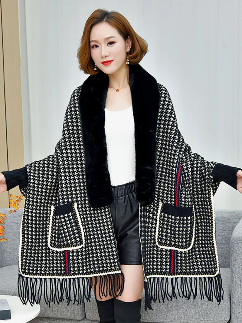 

QILA Faux Mink Velvet Houndstooth Knitted Shawl with Sleeves Autumn Winter Thickened Striped Fur Collar Poncho Cape for Women