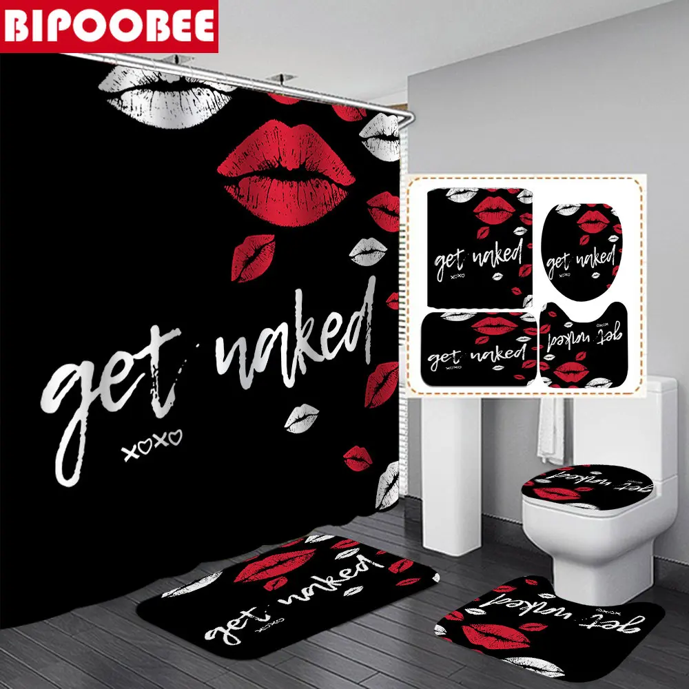 

Get Naked Sexy Lip Print Shower Curtains Bathroom Curtain Set Bath Mats Rugs Black Non-Slip Carpet Toilet Lid Cover Home Decor