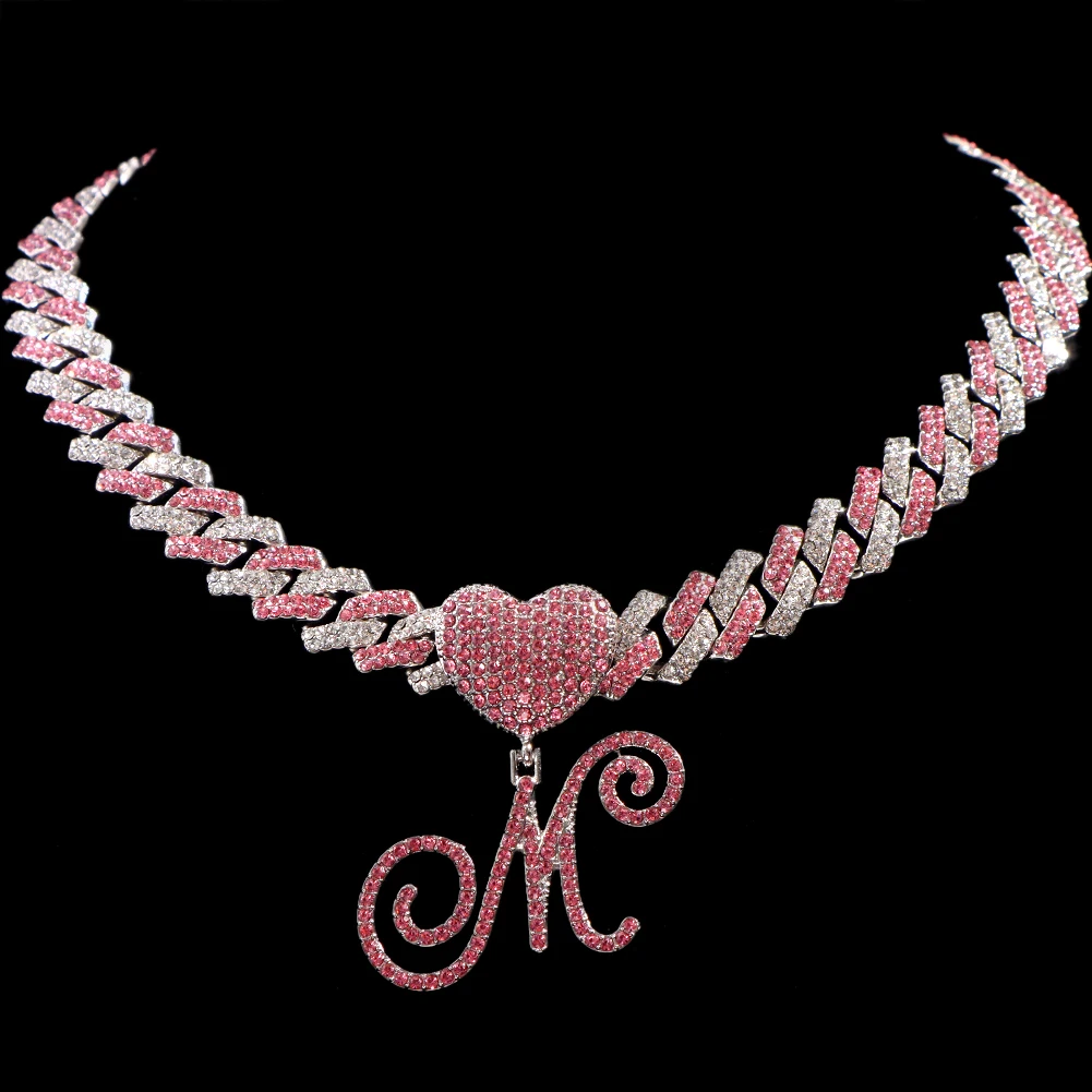 Fashion Pink Crystal A-Z Initial Cursive Letter Pendant Necklace for Women Iced Out Rhinestone Prong Cuban Link Choker Jewelry