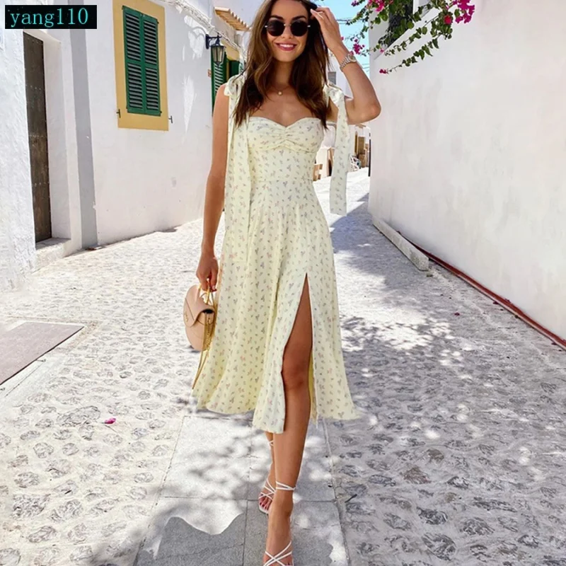 

European Leg2021European Goods Dress Split Sling Dress Suspender Sleeveless Square Collar Floral Midi Skirt Women's Summer