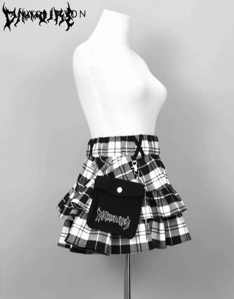 Летняя Клетчатая мини-юбка с поясом на резинке в стиле Харадзюку